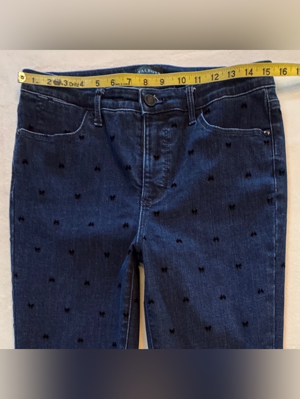 TALBOTS JEGGINGS - DARK DENIM WASH FLOCKED BOWS ZIPPER CLOSURE ANKLE LENGTH (6) - Picture 6 of 16
